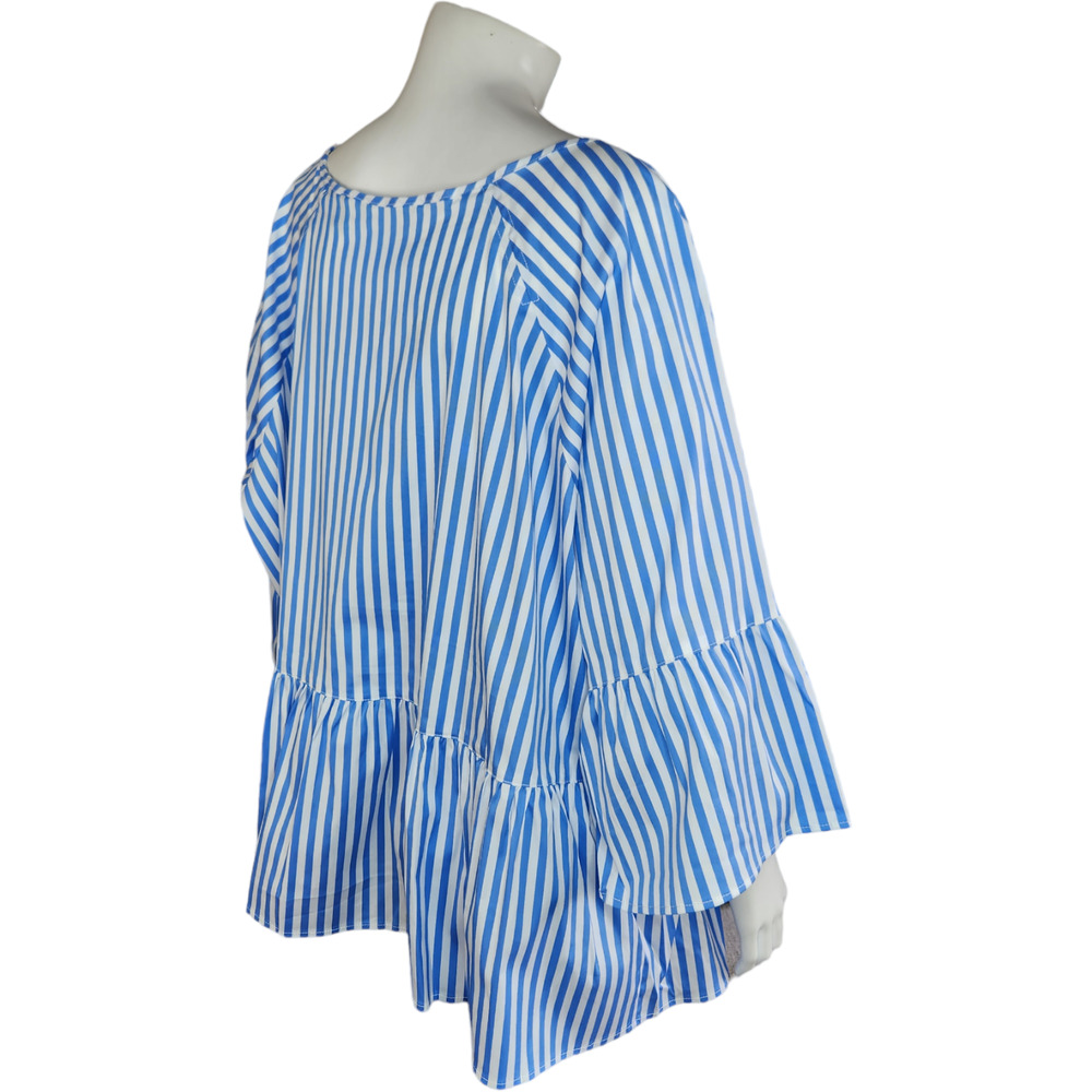 Lands End Popover Blouse Peplum Bell Sleeve Scoop Neck Striped Blue White 24W - Picture 7 of 11